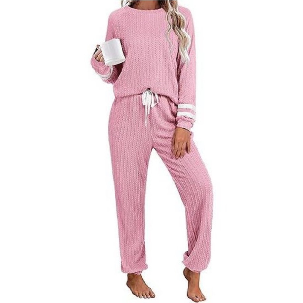 Cozy Pink Waffle Knit Long-Sleeve Pajama Set